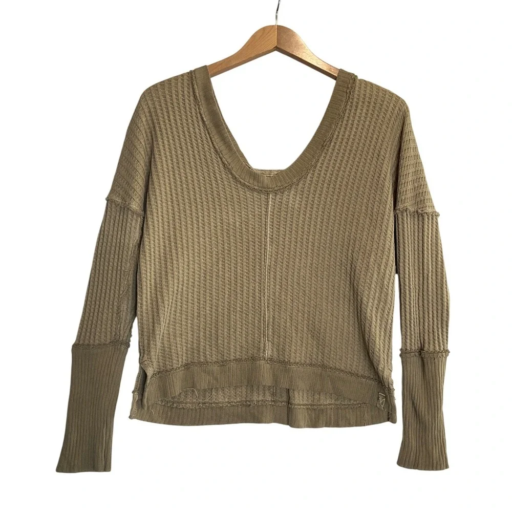We The Free Magic‎ Thermal Waffle Golden Olive Oversized Pullover Top Boho XS